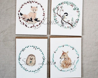 Woodland Animals SET of Winter Cards, Nature Christmas Cards, Woodland Christmas, Fawn, Fox, Hedgehog, Chickadee, Holiday Greeting Cards