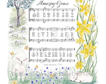 Amazing Grace Hymn Art, Watercolor Art Print, Christian Wall Art, Religious Home Decor, Spring Watercolor, Lambs and Daffodils Wall Art