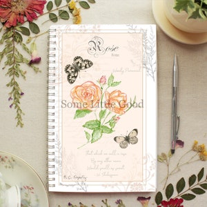 Rose Flower Spiral Notebook, Soft-Cover Garden Journal, Butterfly Nature Journal, Ruled Lined or Blank Paper, 5.5x8.5 Large Journal
