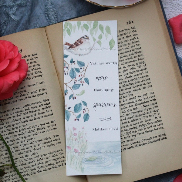 You Are Worth More Than Many Sparrows Bookmark, Bible Book Mark, Scripture Bookmarks, Sunday School Gift, Matthew 10:31, Watercolor Bookmark