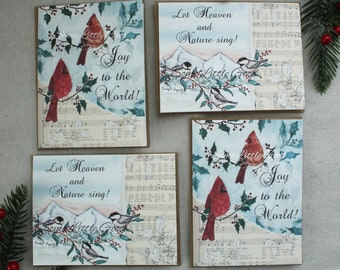 Joy to the World SET of Christmas Cards, Christmas Birds Cards, Religious Cardinal Christmas Card, Chickadee Holiday Greeting Cards