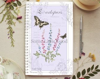 Larkspur Flower Spiral Notebook, Soft-Cover Garden Journal, Butterfly Nature Journal, Ruled Lined or Blank Paper, 5.5x8.5 Large Journal