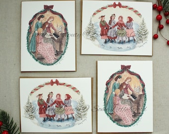 May include: Set of four vintage-style Christmas cards featuring watercolor illustrations of children singing and playing music. The cards are decorated with wreaths and bows and have a rustic, nostalgic feel.