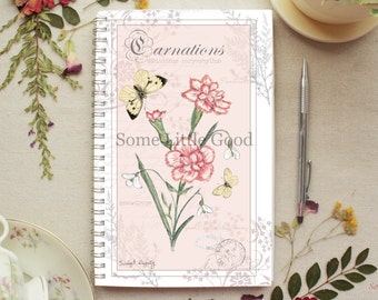 Carnation Flower Spiral Notebook, Soft-Cover Garden Journal, Butterfly Nature Journal, Ruled Lined or Blank Paper, 5.5x8.5 Large Journal