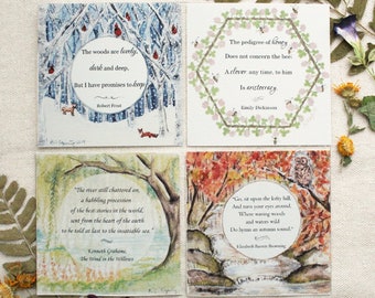 Nature Poetry Collection, Set of 4 Seasonal Mini Art Prints, Spring, Summer, Fall, Winter, Nature Art Prints