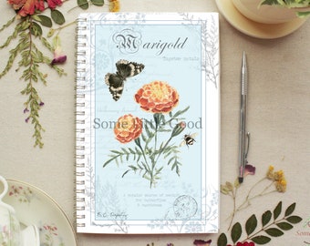 Marigold Flower Spiral Notebook, Soft-Cover Garden Journal, Butterfly Nature Journal, Ruled Lined or Blank Paper, 5.5x8.5 Large Journal