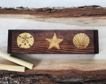 Woodburned Seashell Box, Extra Small Storage Box, Art Organizer Box, Pen Box, Office Storage, Beach Decor