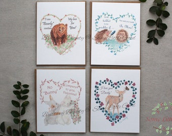 Woodland Valentines SET of 4 or 8 Cards, Anniversary Cards, I Love You Cards, Watercolor Bear, Hedgehogs, Bunnies, Deer