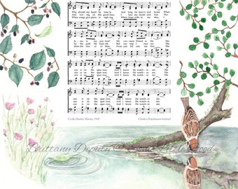 His Eye Is on the Sparrow Hymn Art, Watercolor Art Print, Christian Wall Art,  Woodland Home Decor, Watercolour Birds Wall Art