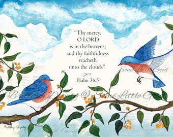 Psalm 36:5 Watercolor Art, Bluebird Scripture Art Print, Christian Wall Art, Watercolor Sky, Bird Art