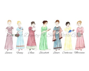 Jane Austen Heroines Art Print, Watercolor Art Print, Pride and Prejudice Art, Persuasions Book Art