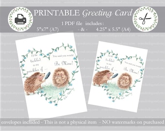 Printable Hedgehog Valentine Card, I'd Be Tickled to My Prickles, includes 5x7 and 4.25x5.5 Cards, PDF Anniversary Card, Instant Download