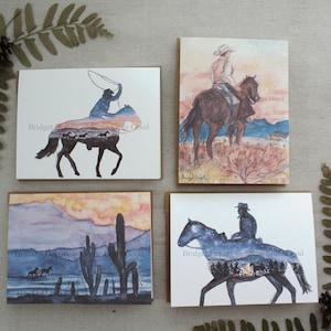 Western Cowboy Greeting Card SET of 4 or 8, Western Sunset Card, Watercolor Horse Cards, Assorted Father's Day Cards, Note Card Set