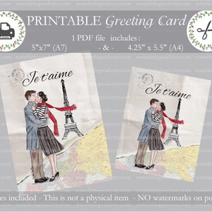 Afdrukbare Je t'aime I Love You-kaart, inclusief kaarten van 5 x 7 en 4,25 x 5,5, Franse valentijnskaart pdf, direct downloaden, reiskaart jubileum