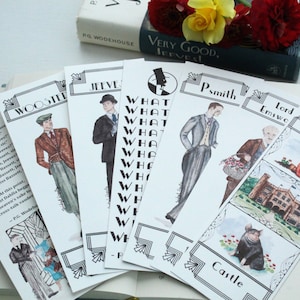 May include: A collection of illustrated bookmarks featuring characters from a classic novel. Each bookmark displays a character's name and a detailed illustration. The bookmarks are arranged on a book, with flowers in the background.