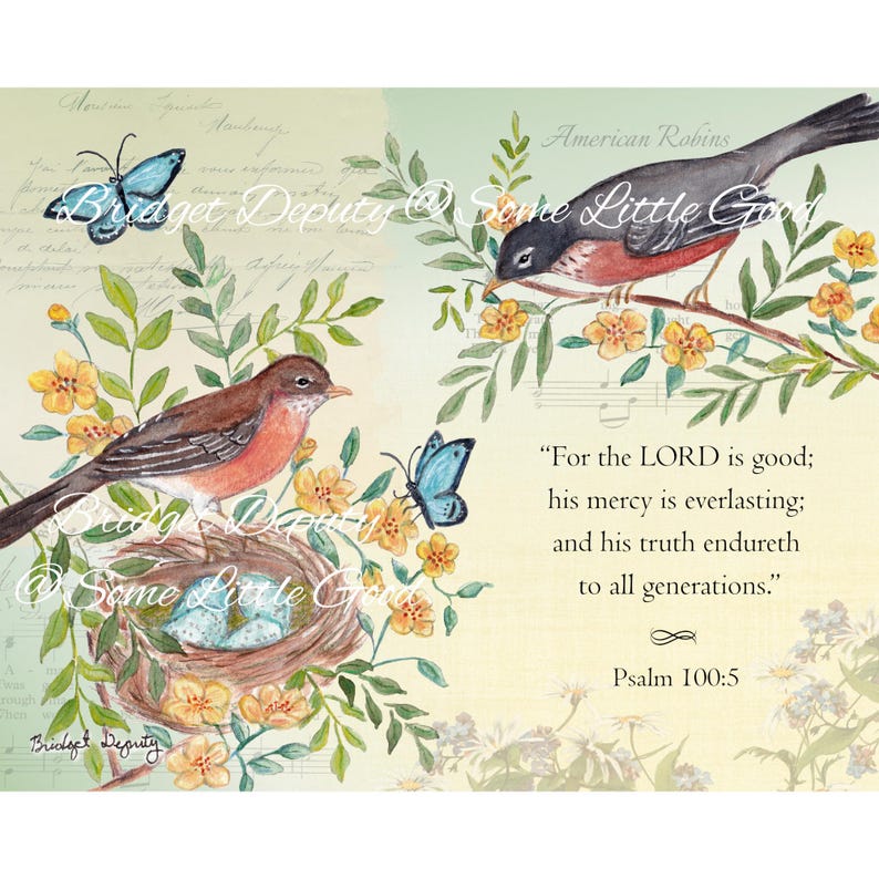 Robin Nest Watercolor Art Print, Psalm 100 Scripture Home Decor - Etsy