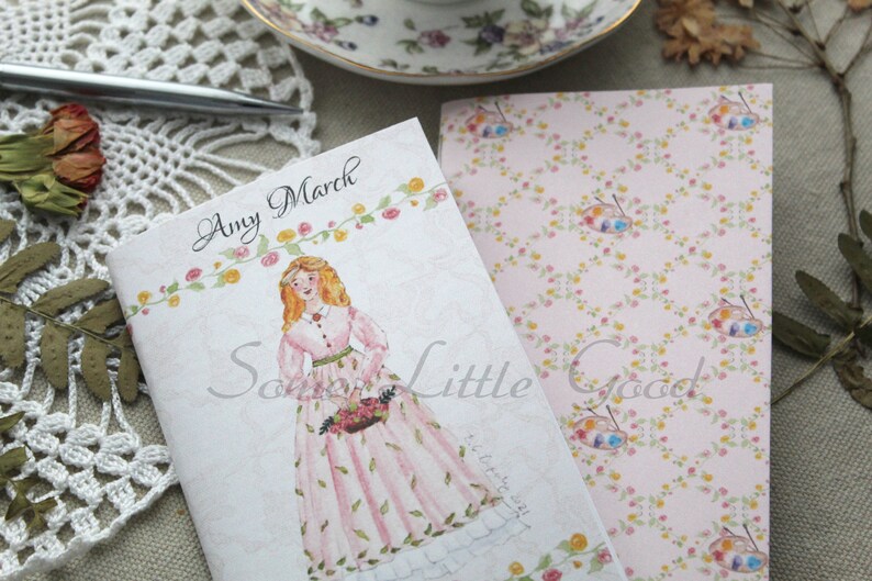 Amy March Journal, Little Women, Blank Notebook, Louisa May Alcott Pocket Journal, Reading Planner, Book Club Journal Amy+Pink Rose Pattrn