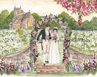 Jane Austen Regency Wedding Watercolor Print, Northanger Abbey, Pride and Prejudice, Literary Art
