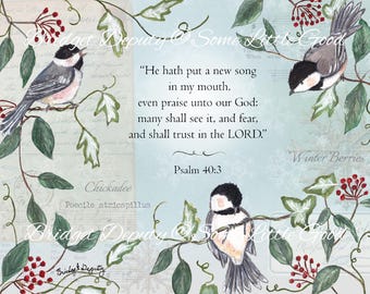 Psalm 40:3 Watercolor Art, Chickadee Scripture Art Print, Christian Wall Art, Religious Home Decor, Winter Berry Watercolor