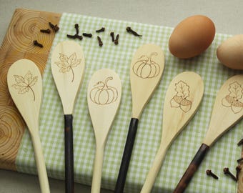 Autumn Wood Burned Baking Spoons: Pumpkin, Maple Leaf or Acorns