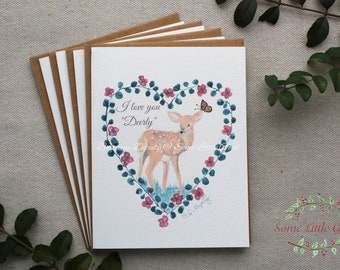 I Love You Deerly SET of 4, 6 or 8 Cards, Valentine's Day Cards, Anniversary Card, Watercolor Card, Woodland Greeting Card, I Love You Card