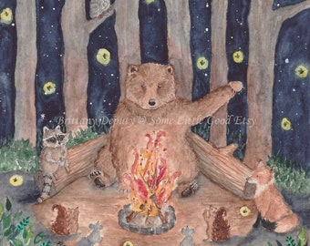 The Storyteller, Watercolor Art Print, Woodland Animals Nursery Art, Watercolor Bear Prints, Whimsical Nursery Decor, Watercolour Wall Art