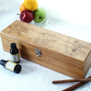 Large Woodburned Box, Essential Oil Organizer, Flower EO Storage Box, Essential Oils Wooden Storage Box, Remote Control Holder Box