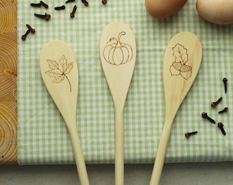 Set of 3 Autumn Baking Spoons, Woodburned Pumpkin, Maple Leaf and Acorns