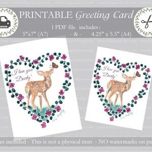 Printable Deer Valentine Card, I Love You Deerly Card, Includes 5x7 and 4.25x5.5 Cards, PDF Anniversary Card, Instant Download