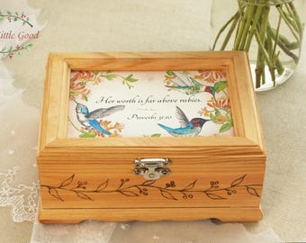 Hummingbird Jewelry Box, Proverbs 31 "Her Worth is Far Above Rubies", Woodburned Jewelry Box, Christian Gift for Wife, Mom, Grandma