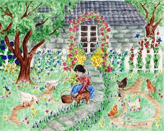 May include: A watercolor painting of a woman in a blue dress and red sweater sitting on a stone step in a garden. She is holding a basket of flowers and petting a tabby cat. There are white geese, chickens, and a white picket fence in the background. The text "Brittany Depuy @ Some Little Good" is written in the top right corner of the image.
