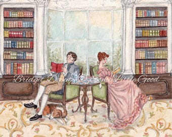 Pemberley Library Watercolor Art Print, Jane Austen Pride and Prejudice Book Illustration