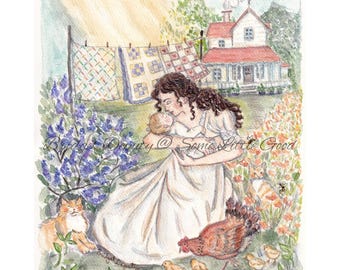 Little Mother Hens Watercolor Art Print, Motherhood, Cottage, Cat & Chickens