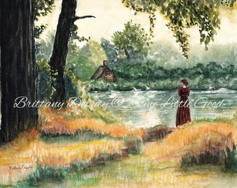 Pride and Prejudice Watercolor Print, Elizabeth Bennet by the Lake, Jane Austen Longbourn Literary Art