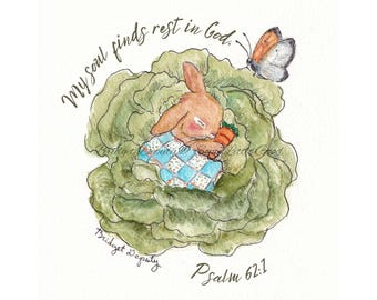 Sleeping Bunny Rabbit Watercolor Print, Psalm 62:1 Christian Art, Nursery Home Decor