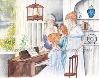 Sense and Sensibility Dashwood Sisters Watercolor Print, Jane Austen Barton Cottage, Literary Art