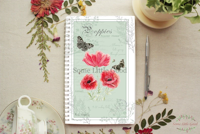 Poppy Flower Spiral Notebook, Soft-Cover Garden Journal, Butterfly Nature Journal, Ruled Lined or Blank Paper, 5.5x8.5 Large Journal image 1