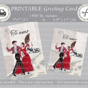 Afdrukbare Te Amo I Love You-kaart, inclusief kaarten van 5 x 7 en 4,25 x 5,5, Spaanse valentijnskaart pdf, direct downloaden, reiskaart jubileum