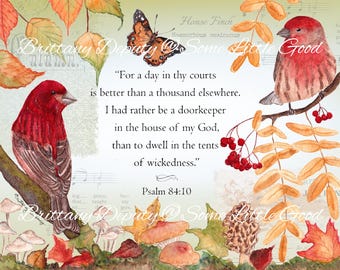 House Finch Watercolor Art, Psalm 84:10 Scripture Art Print, Fall Wall Art, Christian Home Decor, Autumn Leaves Watercolor