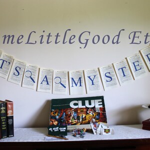 Game Night Party Decor, Large Mystery Party Garland, Sleuth or Detective Party Banner Printed on Detective Book Pages