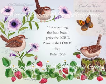 Psalm 150:6 Watercolor Art, Carolina Wrens Scripture Art Print, Christian Wall Art, Strawberry Home Decor, Watercolor Bird Art.