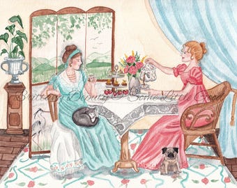 Jane Austen Tea Time Watercolor Print, Emma Woodhouse Literary Art
