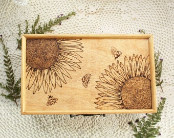 Sunflower and Bees Jewelry Box, Large Wood Burned Organizer with Mirror