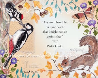 Psalm 119 Watercolor Art, Fall Scripture Art Print, Christian Wall Art, Religious Home Decor, Autumn Woodpecker Watercolor