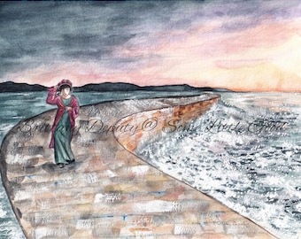 Jane Austen's Persuasion Watercolor Print, Anne Elliot Literary Art, Lyme Regis Seaside