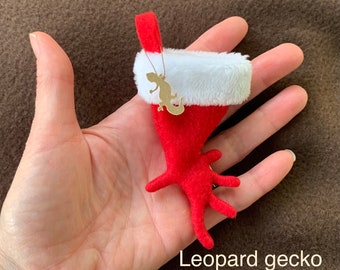 TINY Leopard Gecko, Fat Tail Gecko Christmas Stocking, Unique gift, Reptile Christmas, back foot shaped stocking, ornament