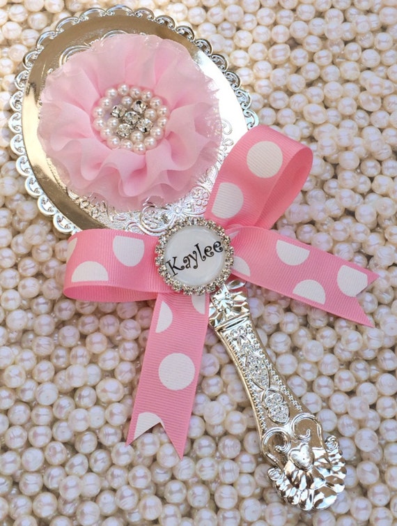 Personalized Silver Princess Hand Mirror Party Favor Kids Dress Up Bling Makeup With Pink Bow Flower Girl Valentine