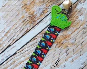 Baby Pacifier Clip - Dinosaurs on Black, Boy Girl (Feltie Option)