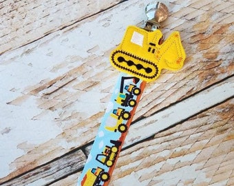 Baby Boy Pacifier Clip - Construction Zone, Dump Truck, Big Trucks, Bulldozer (Feltie Embellishment Option)