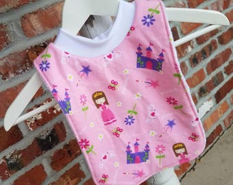 Infant or Toddler Pull Over Bib (Flannel and Terry Cloth) - Pink and Purple Princess Crowns and Castles